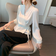 Elegant V-neck Lace-up White Chiffon Blouse 2022 Spring New OL Ladies High Waist Bandage Wrap Blouses Shirt Long Sleeve Tops 2024 - buy cheap