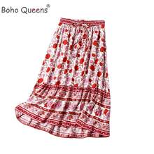 Boho Queens Hippie Women Floral Print  Tassel Beach Bohemian Skirt High Elastic Waist  Rayon Cotton Maxi Skirts Femme 2024 - buy cheap