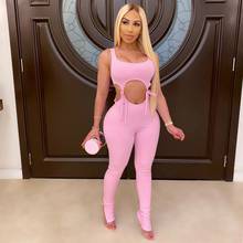 Pink Bodycon Jumpsuit Women Clothes Summer Overalls for Women Club Outfits Hollow Out Slim Lace Up Crop Top Sexy Bodysuit Romper 2024 - buy cheap