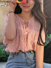 Blusa holgada informal de Chifón con manga corta para verano, camisa con estampado de lazo de arco, estilo japonés, color rosa 2024 - compra barato