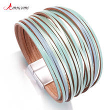 Amorcome Boho Mint Leather Bracelets for Women 2022 Fashion Ladies Slim Strips Multilayer Wide Wrap Bracelet Female Jewelry Gift 2024 - buy cheap