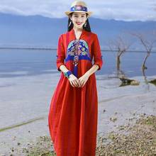 New Women Ethnic Style Long Dress Chinese V-neck High Waist Red Vintage Printed Improved Cheongsam Dress for Female Spring 2024 - buy cheap