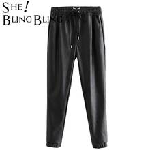 SheBlingBling-Pantalones de piel sintética con bolsillos para mujer, Pantalón elástico, a la moda, con cordón de cintura, Estilo Vintage 2024 - compra barato