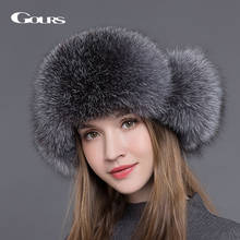 Gours-Sombrero de piel de mapache Natural para mujer, gorro de bombardero con orejas gruesas y cálidas, de piel de zorro y mapache, color negro, novedad, Invierno 2024 - compra barato