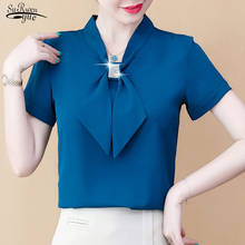 2021 Summer Bow Loose Solid Women Blouses and Tops Solid Bottom Shirts Elegant Fashion Short Sleeve Chiffon Women Shirts 9529 2024 - buy cheap