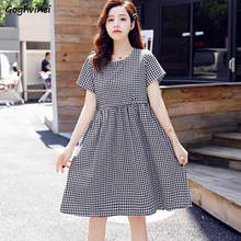 Short Sleeve Dress Women Plaid O-neck Popular 3XL Loose Ruched Leisure Elegant Womens Korean Style All-match Simple Vestidos Ins 2024 - buy cheap