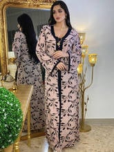 Vestido dubai jalabiya feminino, vestido longo com manga comprida e decote v, vestido árabe islâmico abaya marrocos jeleira partido ramadã 2024 - compre barato