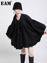 [EAM] Women Black Ruffles Big Size Bandage Mini Dress New V-Neck Long Sleeve Loose Fit Fashion Tide Spring Autumn 2022 1DD5195 2024 - buy cheap