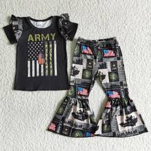 Wholesale Infant Children Army Fashion Boutique Flag Outfit Clothes Baby Girls Short Sleeve Top Bell-bottomed Pants Spring Sets 2024 - buy cheap