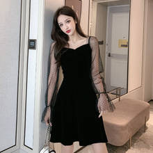 Vestido de fiesta de terciopelo de manga larga para mujer, vestido Sexy Vintage negro Hepburn, elegante, de lunares, malla de retales, 610A 2024 - compra barato