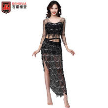 New Belly Dance Set Mesh Sparkling Sequins Practice Clothes Costume Set 2pcs Top & Belt Women Club Stage Costume 2024 - buy cheap