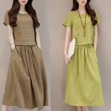 Solid Color Women Retro Summer 2 Piece Set Button Short Sleeve Shirt Top and A-Line Skirt Set Female Casual Boho Skirt Suit 2024 - buy cheap