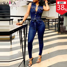 Macacão feminino jeans sem mangas, peça macacão jeans estiloso sem mangas gola virada para baixo calça comprida com bolso 2024 - compre barato