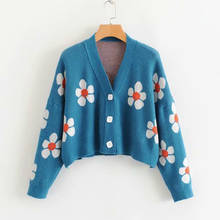 Suéter floral de malha com decote em v, cardigan flores, de crochê, casaco curto, simples, feminino, 2020 2024 - compre barato