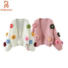 2022 Women's Fashion Knitted Cardigan Puff Long Sleeve Manual Color Flower Sweater Female Outerwear Loose Vintage Coat Jacket 2024 - buy cheap