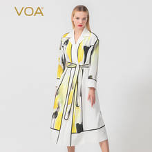 VOA Elegant Ink Printing Peak Lapel Silk Trench Coat  Autumn Winter Long Sleeve Woman Coats with Belt King-Size Windbreaker F529 2024 - buy cheap