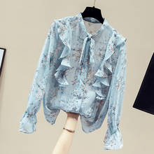 Blusa De manga larga con volantes para Mujer, Camisa De gasa con estampado azul, top De Moda, D936, 2021 2024 - compra barato
