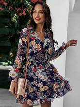 Платье Aachoae женское шифоновое с цветочным принтом, вечернее ТРАПЕЦИЕВИДНОЕ, с V-образным вырезом и оборками, в богемном стиле, с длинным рукавом, 2021 2024 - купить недорого