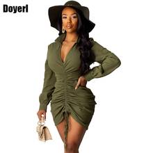 2022 Women Sexy Party Dress Long Sleeve V Neck Green Mini Ruched Dress Autumn Winter Elegant Short Club Bodycon Dress Vestidos 2024 - buy cheap