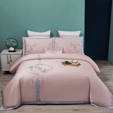 Комплект постельного белья из египетского хлопка PAPA & MIMA, розовое льняное с вышивкой (простыня, наволочка, пододеяльник) 2024 - купить недорого