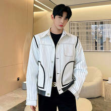 Jaqueta jeans masculina listrada em couro preto e branco, roupa de rua vintage, primavera, estilo coreano, 2021 2024 - compre barato