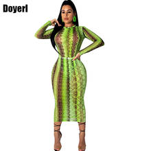 2022 mulheres festa clube vestido de verão sexy sheer bandage bodycon vestido manga longa néon verde cobra impressão transparente malha vestido 2024 - compre barato