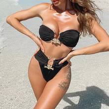 Sexy Solid Black Bikini 2022 Women Off Shoulder High Cut Push Up Padded Rhinestone Swimwear Brazilian Bathing Suit Swimsuit 2024 - buy cheap