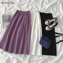 Skirts Women Simple Mid-Calf Schoolgirls Korean Style Pure Cotton All-match Ins Elastic Waist A-Line Leisure Chic Newly Solid 2024 - buy cheap