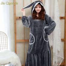 Vestido de noche de franela para niña, camisón largo gris Kawaii con capucha de conejo, ropa de dormir para mujer 2024 - compra barato