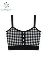 Sweet Plaid Tank Tops Sleeveless Bodycon Crop Strapl Love Button Sexy Camisole Off Shoulder Party Club Streetwear Clothes Tops 2024 - buy cheap