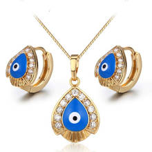  Yellow Gold Color Blue Eyes Paved CZ Teardrop Pendant Necklace Small Hoop Earrings Jewelry Sets for Women Girls Kids Children 2024 - buy cheap