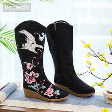 Veowalk-Botas de lona con bordado de grulla para mujer, botines de media Tacón de Cuña, cómodos, holgados, bordados, color negro 2024 - compra barato