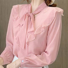 Блузка Для женщин Blusas Mujer De Moda 2021 с v-образным вырезом, платья с рюшами розовый Шифоновая блузка рубашка с длинным рукавом Для женщин блузки рубашки топы D494 2024 - купить недорого