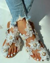 Sandalias étnicas Retro para Mujer, Zapatos De tacón plano con flores blancas y perlas, a la moda, para playa y exteriores 2024 - compra barato