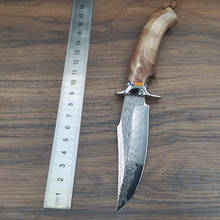 Faca reta de aço damasco, faca reta com cabo de madeira sombra branca faca fixa de lâmina para acampamento, ferramenta tática 2024 - compre barato