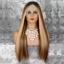 Vigorous Long Straight Synthetic T-Part Lace Wig Brown Mixed Blonde Wigs for Women Middle Part Natural Looking Glueless Hair 2024 - compre barato