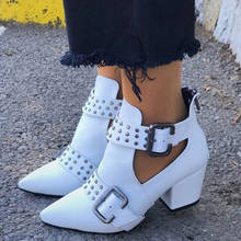 Women's Pointed Toe Leather Ankle Boots 2020 Woman Fashion Autumn Square Heels Women Rivet Female Buckle Pumps Ladies Zip Shoes 2024 - buy cheap