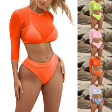 Women Sexy 3 Pcs Swimwear Summer Ladies Halter Bikini Bras High Waist Panty with Mesh Crop Tops Swimsuit Beach Bathing Suit 2024 - buy cheap