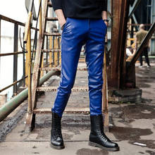 Korean leather pants mens feet pants fashion autumn winter motorcycle pu trousers for men personality pantalon homme blue 2024 - buy cheap