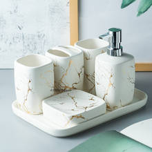 Acessórios de banheiro de cerâmica, suprimentos para banheiro de textura de mármore nórdico, conjunto de dispensador de sabão/porta escova de dentes/caixa de sabão/bandeja 2024 - compre barato