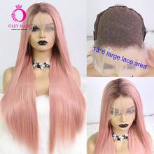 Ombre Pink 13*6  Synthetic Lace Front Wig Long Straight With Brown Roots Large Lace Speace Cosplay Wigs For Black Women OLEY 2024 - buy cheap