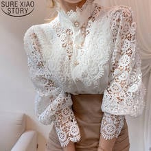 White Patchwork Shirt Button Hollow Out Tops Korean Chic Lace Blouse Women Flower Stand Collar Blusas Petal Sleeve Blouses 12419 2024 - buy cheap