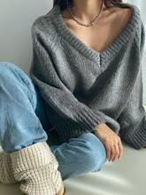 Maxi camisola feminina inverno pulôver tricô overszie manga longa cinza tops blusas soltas de malha outerwear grosso sexy 2024 - compre barato