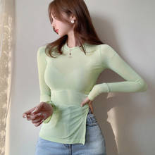 Thin Summer Top Split T Shirt Women 2021 Elasticity Irregular T-Shirt Korean Style Woman Clothes Slim Long Sleeve Tshirt Female 2024 - buy cheap