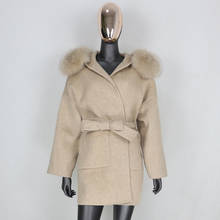 CXFS-abrigo holgado de gran tamaño para mujer, chaqueta de lana de Cachemira con cuello de piel de zorro Natural, Abrigo con capucha, cinturón de invierno, novedad de 2021 2024 - compra barato