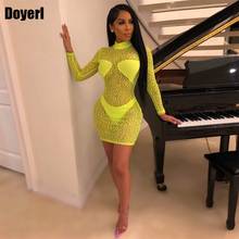 2022 Leopard Print Women Sexy Mini Bodycon Dress Long Sleeve Party Dress Elegant Stretch Sheer Mesh Neon Green Short Club Dress 2024 - buy cheap