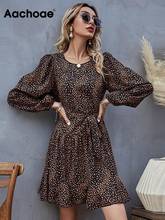 Aachoae-mini vestidos femininos chique, linha com estampa de leopardo, manga comprida, moda retrô com faixas 2024 - compre barato