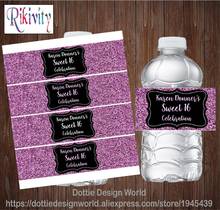 Etiquetas de vino para botella de agua, adhesivo personalizado, Purple Sparkle Sweet 16, para envoltura de barra de dulces, decoración de cumpleaños y aniversario 2024 - compra barato