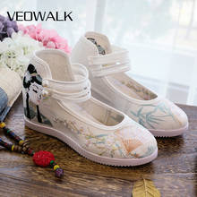 Veowalk royal chinês bordado tecido de algodão sapatos plataforma escondida retro senhoras confortável tornozelo cinta hanfu vestido sapatos 2024 - compre barato