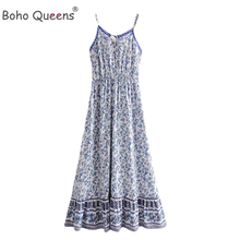 Vintage Chic para mujer, estampado floral azul, sin mangas, tirantes, playa, happie, rayón, bohemio, maxi vestido 2024 - compra barato